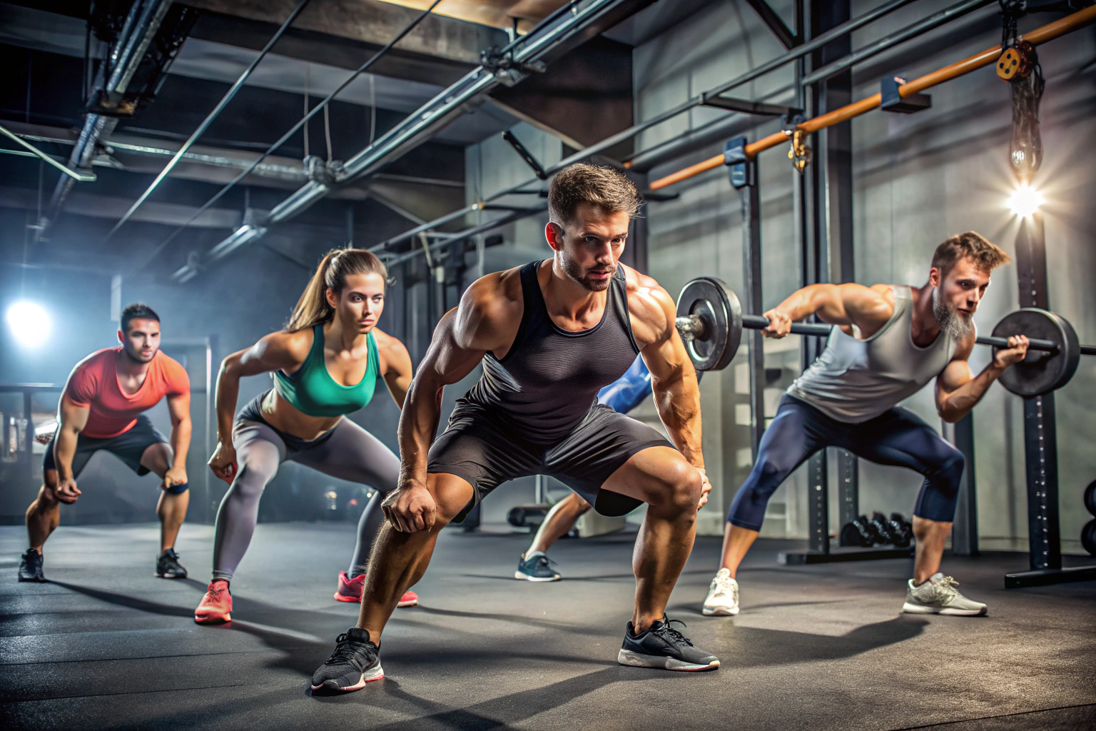 Grupa osób wykonujących intensywny trening funkcjonalny w sali fitness, z dynamicznymi ruchami i światłem podkreślającym wysiłek, bez żadnych napisów czy symboli