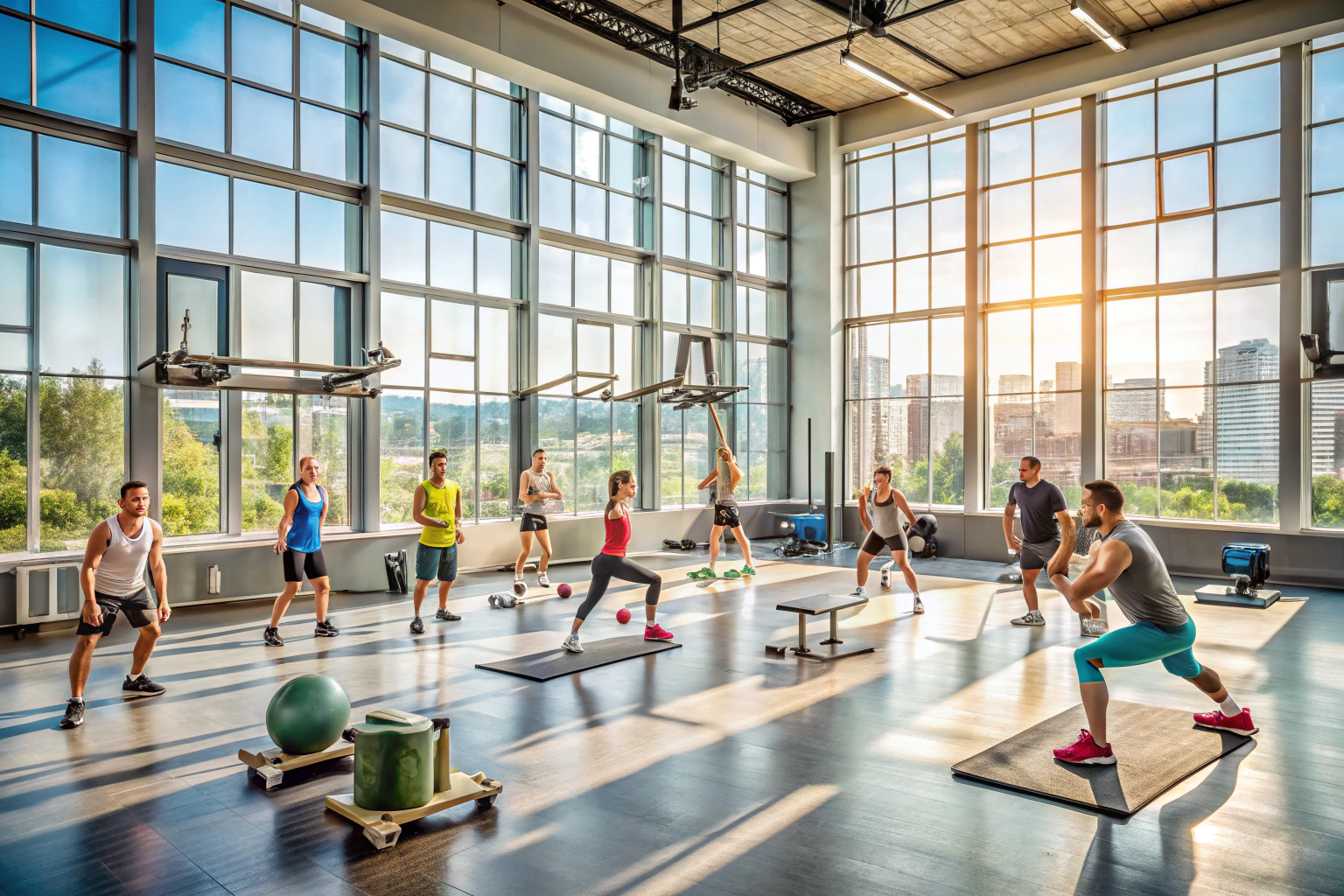 Widok na przestronną salę gimnastyczną z różnorodnym sprzętem fitness, gdzie grupa osób ćwiczy pod okiem trenera, w tle widać duże okna z dziennym światłem